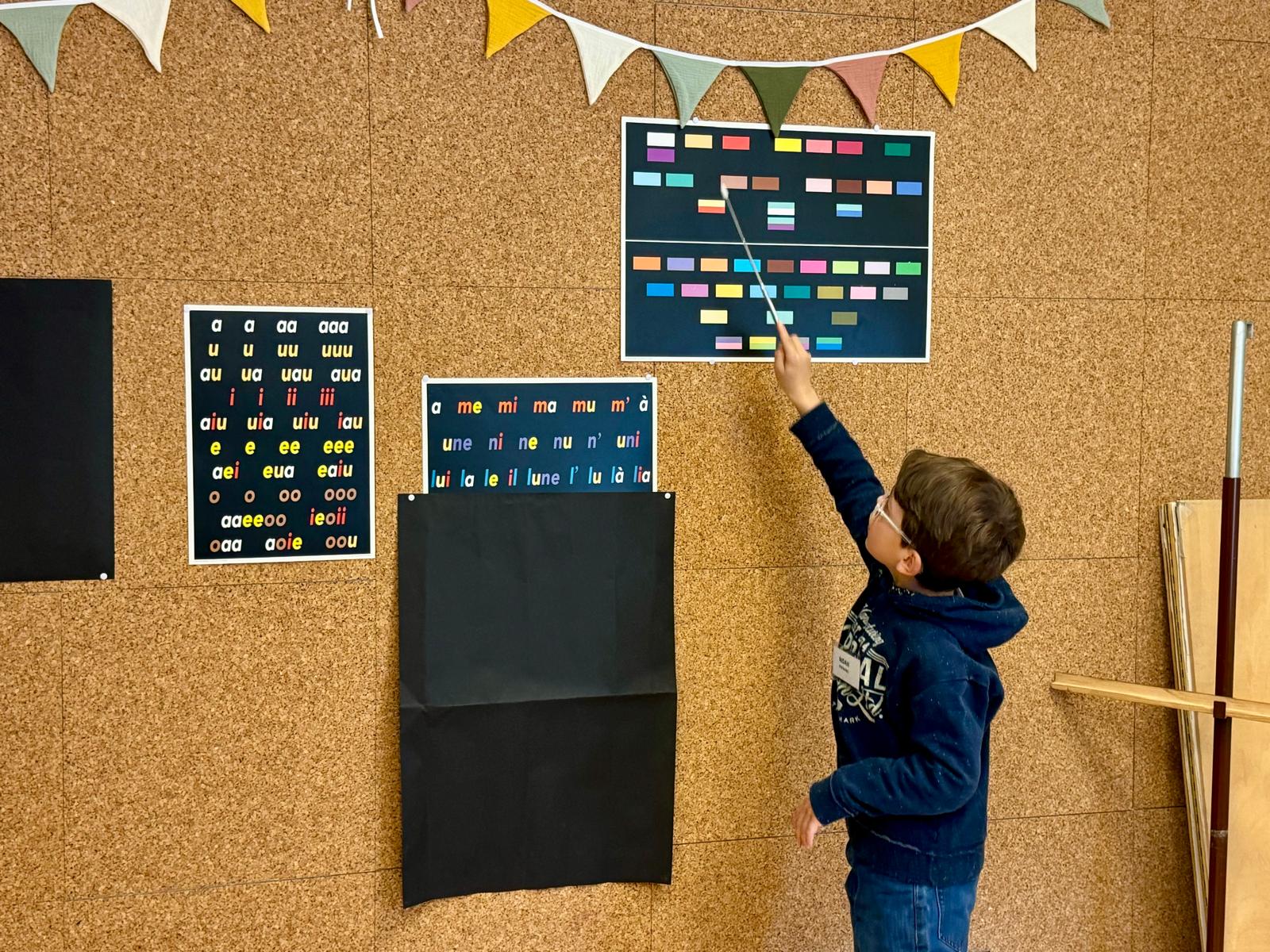 Enfant en train de pointer sur le tableau des rectangles colorés.